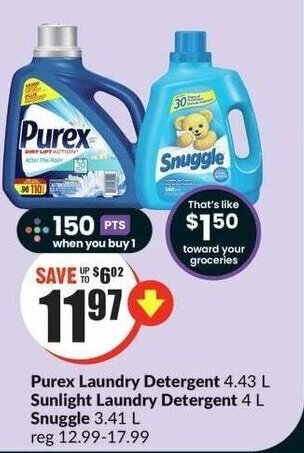 FreshCo Purex Laundry Detergent 4.43 L Sunlight Laundry Detergent 4 L Snuggle 3.41 L offer