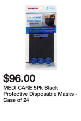 Dollarama Medi care 5pk black protective disposable masks - case of 24 offer