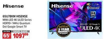 2001 Audio Video Hisense 65 mini-led 4k uled series hdr10+ 144hz quantum dot google smart tv offer