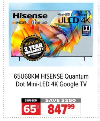 2001 Audio Video Hisense quantum dot mini-led 4k google tv 65 offer