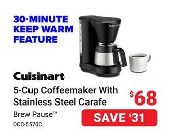 Visions Electronics Cuisinart 5-cup coffeemaker with stainless steel carafe offer