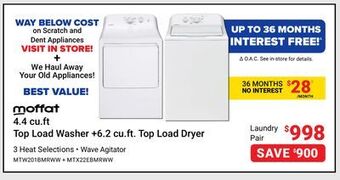 Visions Electronics Moffat 4.4 cu.ft top load washer +6.2 cu.ft. top load dryer offer