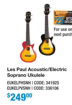 Long & McQuade Epiphone les paul acoustic/electric soprano ukulele - cherry sunburst offer