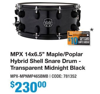 Long & McQuade Mapex mpx 14x6.5'' maple/poplar hybrid shell snare drum - transparent midnight black offer