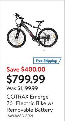 Walmart Gotrax emerge 26'' electric bike w/ removable battery offer