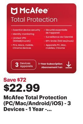 Best Buy Mcafee total protection (pc/mac/android/ios) - 3 devices - 1 year - digital download offer