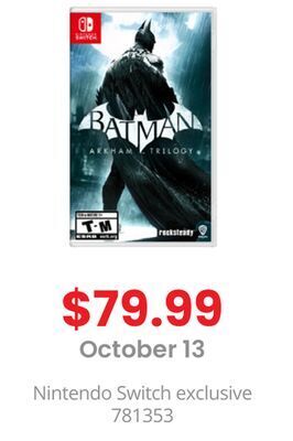 GameStop Nintendo switch batman: arkham trilogy by warner bros games switch offer