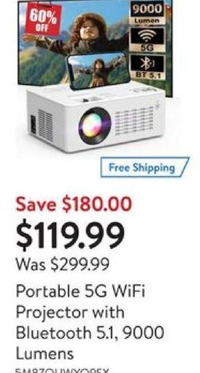 Walmart Portable 5G WiFi Projector with Bluetooth 5.1, 9000 Lumens offer