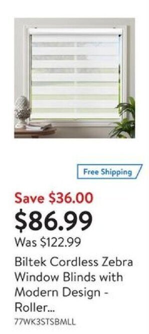 Walmart Biltek Cordless Zebra Window Blinds with Modern Design - Roller offer