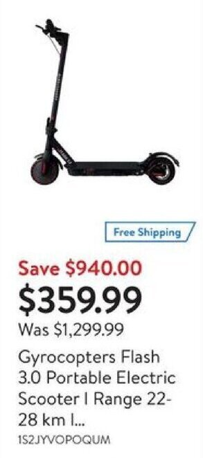Walmart Gyrocopters Flash 3.0 Portable Electric Scooter I Range 22-28 km offer