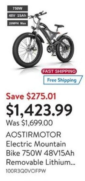 Walmart AOSTIRMOTOR Electric Mountain Bike 750W 48V15Ah Removable Lithium... offer