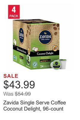 Costco Zavida single serve coffee coconut delight, 96-count offer