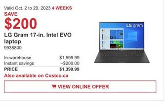 Costco Lg gram 17-in. intel evo laptop offer