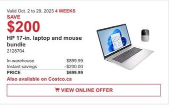 Costco Hp 17-in. laptop and mouse bundle offer