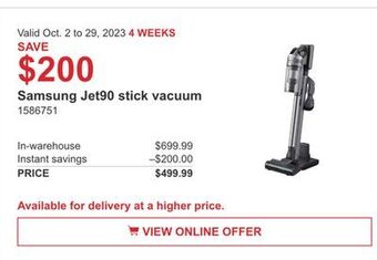Costco Samsung jet90 stick vacuum offer