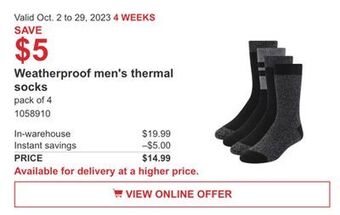 Costco Weatherproof men's thermal socks offer