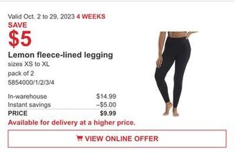 Costco Lemon fleece-lined legging offer