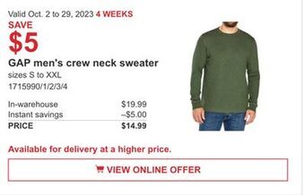 Costco Gap men's crew neck sweater offer