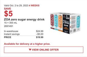 Costco Zoa zero sugar energy drink offer