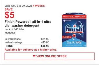 Costco Finish powerball all-in-1 ultra dishwasher detergent offer