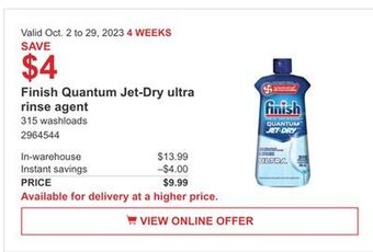 Costco Finish quantum jet-dry ultra rinse agent offer