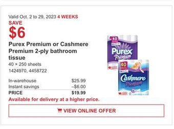 Costco Purex premium or cashmere premium 2-ply bathroom tissue offer