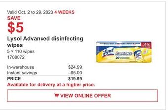 Costco Lysol advanced disinfecting wipes offer