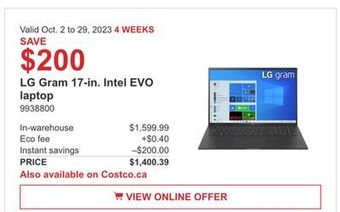 Costco Lg gram 17-in. intel evo laptop offer