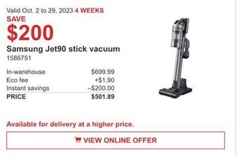 Costco Samsung jet90 stick vacuum offer
