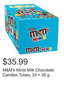 Costco M&m's minis milk chocolate candies tubes, 24 × 30 g offer
