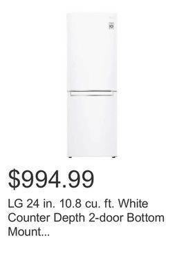Costco Lg 24 in. 10.8 cu. ft. white counter depth 2-door bottom mount refrigerator with multi air-flow technology offer