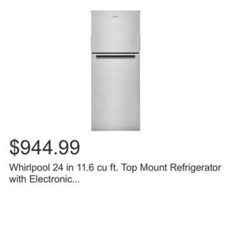 Costco Whirlpool 24 in 11.6 cu ft. top mount refrigerator with electronic temperature controls offer