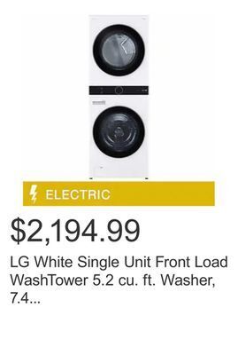 Costco Lg white single unit front load washtower 5.2 cu. ft. washer, 7.4 cu. ft. electric dryer offer