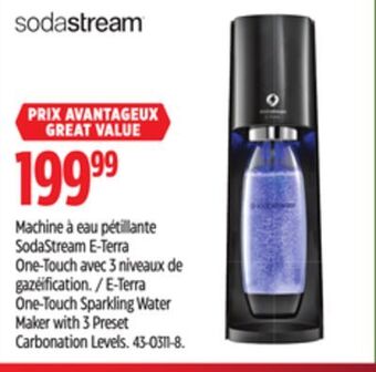 Canadian Tire Sodastream e-terra one-touch sparkling water maker with 3 preset carbonation levels offer