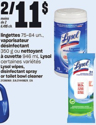 Provigo Lingettes 75-84 un., vaporisateur désinfectant 350 g ou nettoyant à cuvette 946 ml lysol offer