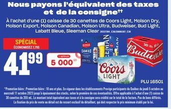 Provigo Caisse de 30 canettes de coors light, molson dry, molson export, molson canadian, molson ultra, budweiser, bud light, labatt offer