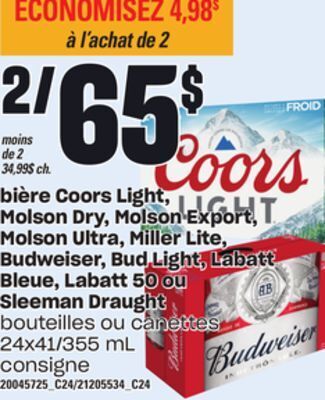 Provigo Bière coors light, molson dry, molson export, molson ultra, miller lite, budweiser, bud light, labatt bleue, labatt 50 ou sle offer