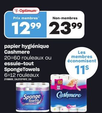 Provigo Papier hygiénique cashmere, 20=60 rouleaux ou essuie-tout spongetowels, 6=12 rouleaux offer