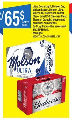 Maxi Bière coors light, molson dry, molson export, molson ultra, miller lite, budweiser, labatt bleue, labatt 50, sleeman clear, s offer