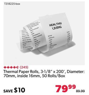 Thermal paper rolls, 3-1/8 x 200', diameter: 70mm, inside 16mm, 50 rolls/box