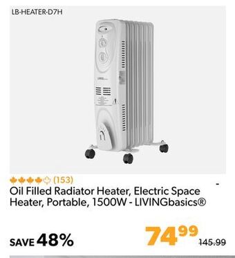 Oil filled radiator heater, electric space heater, portable, 1500w - livingbasics
