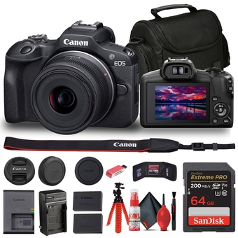 Best Buy Canon eos r100 mirrorless camera with 18-45mm lens (6052c012) + bag + 64gb card + lpe17 battery + charger + card reader + fle offer