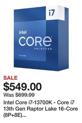 Newegg Intel core i7-13700k - core i7 13th gen raptor lake 16-core (8p+8e) p-core base frequency: 3.4 ghz e-core base frequency: 2.5 offer