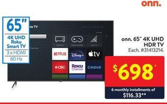 Walmart Onn. 65 4k uhd hdr tv offer
