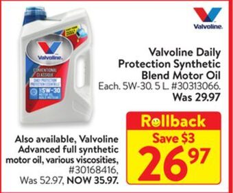 Walmart Valvoline daily protection synthetic blend motor oil offer