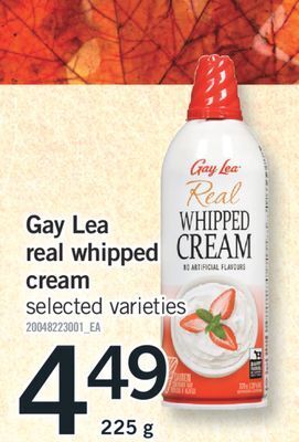 Fortinos Gay lea real whipped cream, 225 g offer