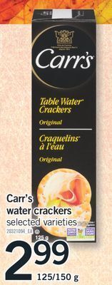 Fortinos Carr's water crackers, 125/150 g offer
