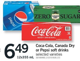 Fortinos Coca-cola, canada dry or pepsi soft drinks 12x355 ml offer
