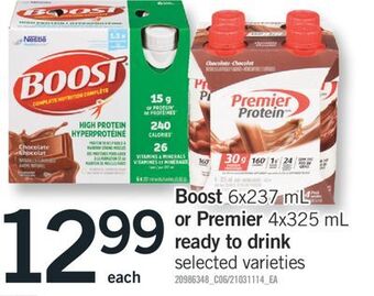 Fortinos Boost 6x237 ml or premier 4x325 ml ready to drink offer