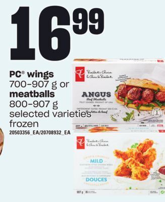 Loblaws Pc wings, 700-907 g or meatballs, 800-907 g offer